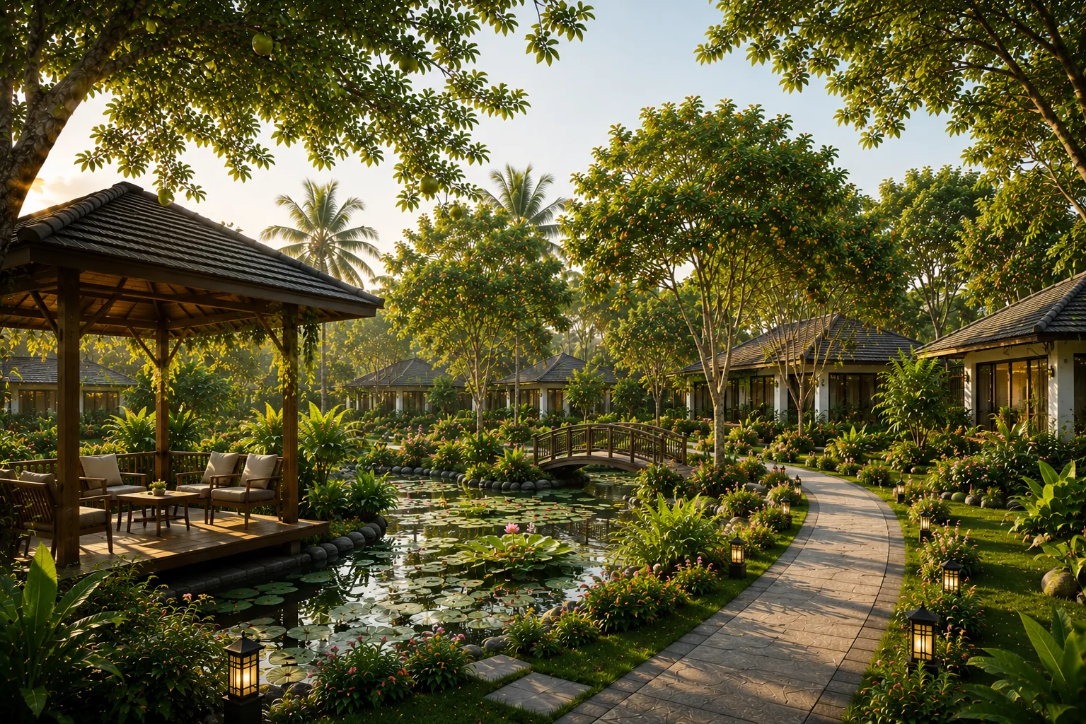 Ao sen, gazebo và đường dạo trong khuôn viên An Nhiên
