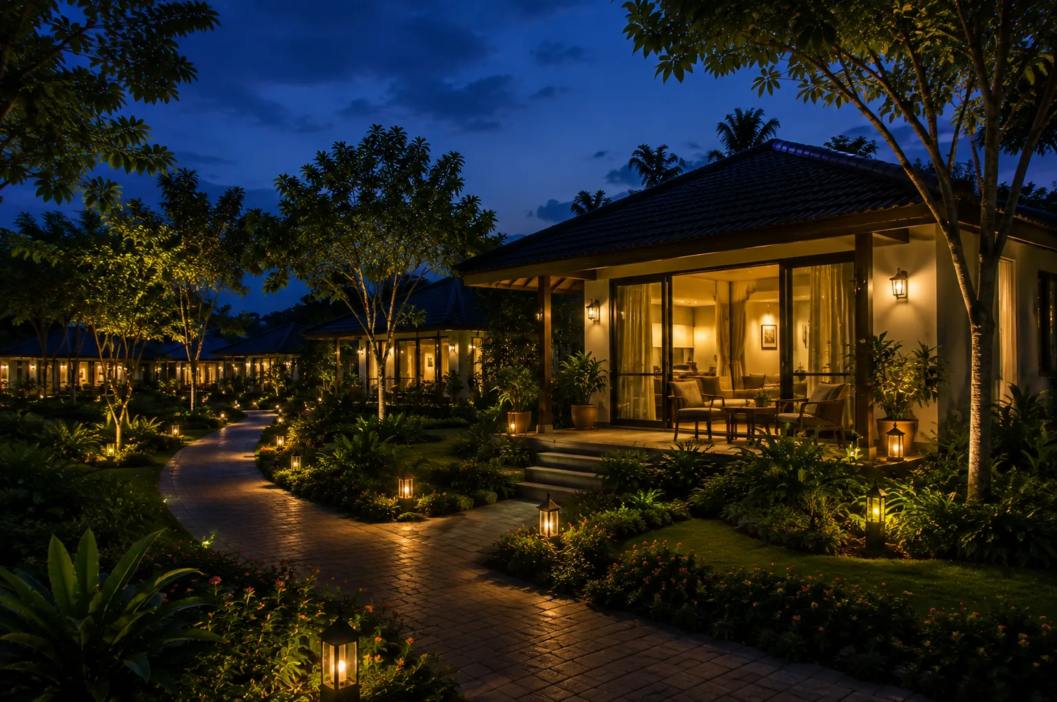 Bungalow An Nhiên về đêm với ánh đèn ấm và lối dạo giữa khu vườn