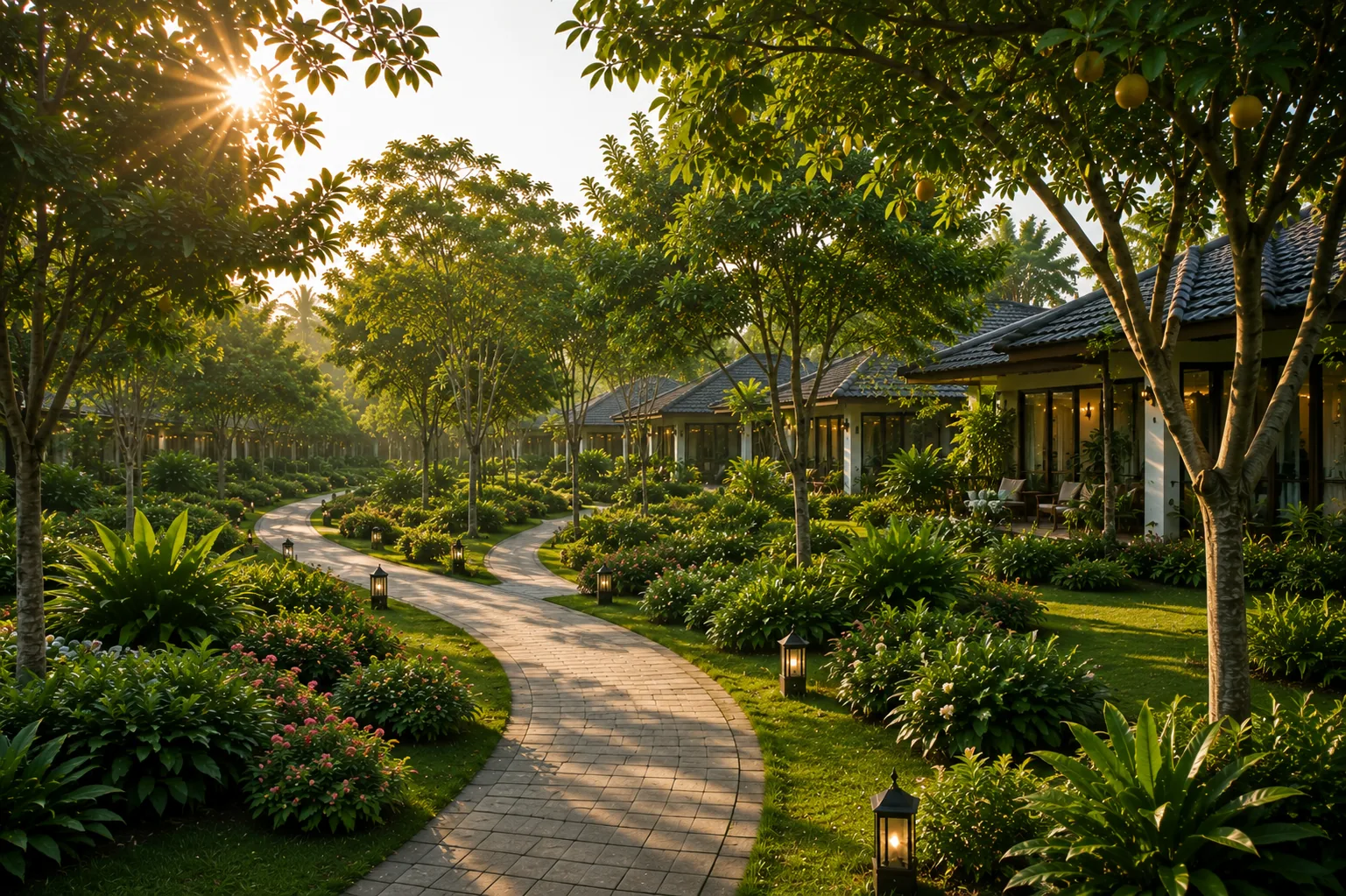 Đường dạo uốn nhẹ giữa vườn cây và bungalow An Nhiên trong ánh sáng sớm